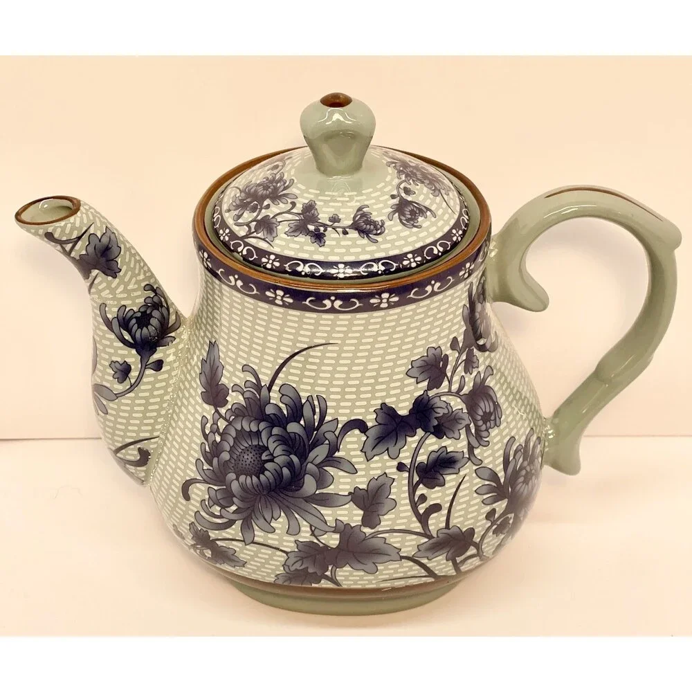 Vintage Bairuxue Art Ceramics Chinese Tea Set Blue Floral on Grey/Green-BOXED